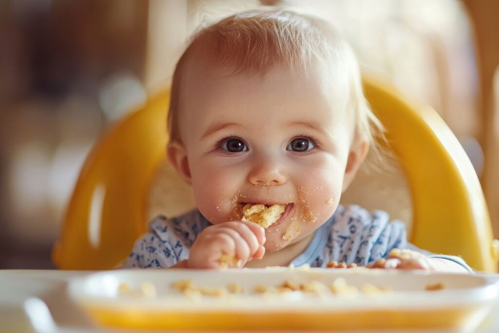 starting solids for babies a little girl in a high chair feeding herself