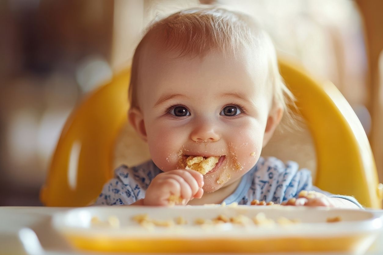 starting solids for babies a little girl in a high chair feeding herself
