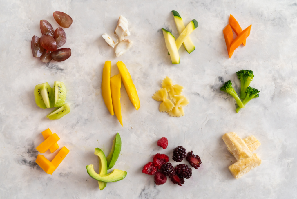 top down view of a bunch of foods for baby led weaning